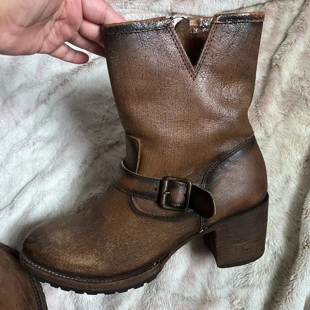 FreeBird Carlito Brown Leather Boho Western Moto Brown Heeled Boots - Picture 2 of 16